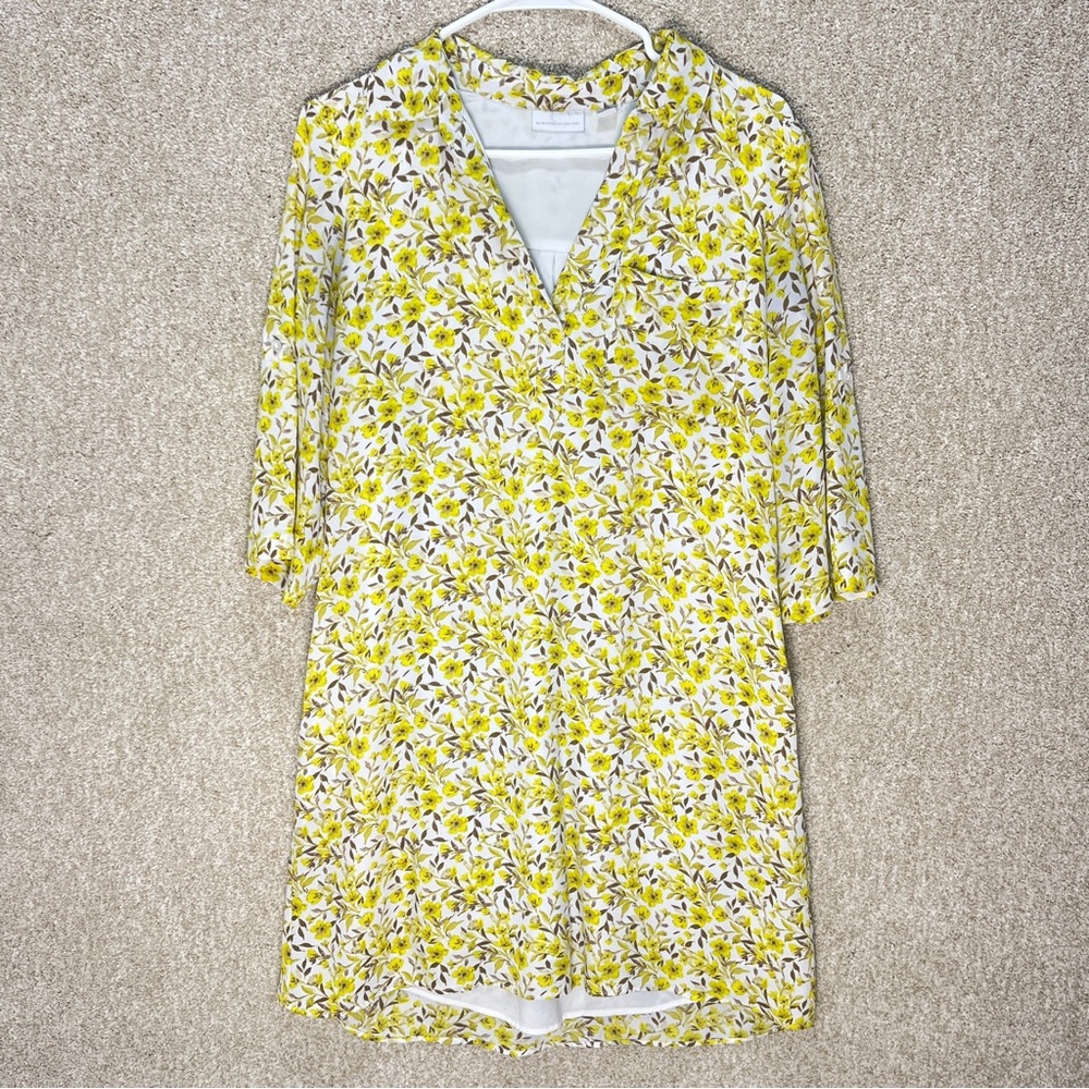 Imperfect yellow floral pocket dress vneck pointed collar lined bright bohemian - Picture 2 of 16